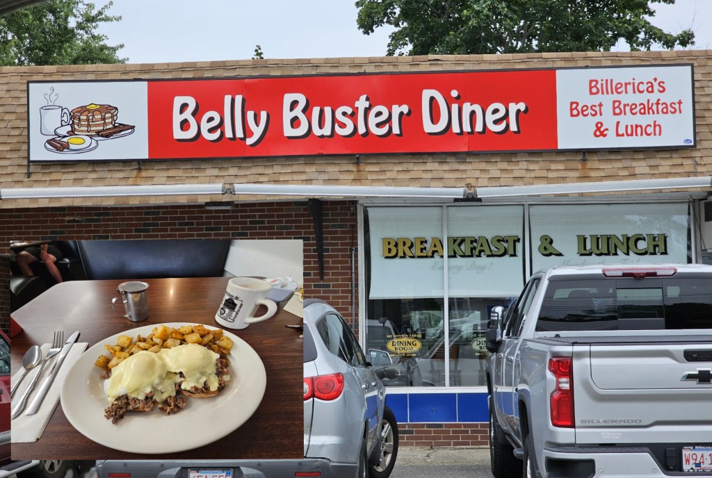 The front of Belly Buster Diner with a picture inset of Steak eggs benidict