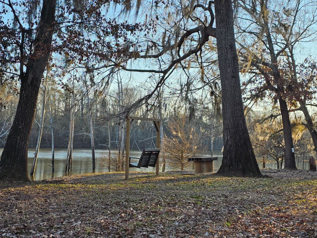 A swing bench on the river for you to enjoy this RV travel destination