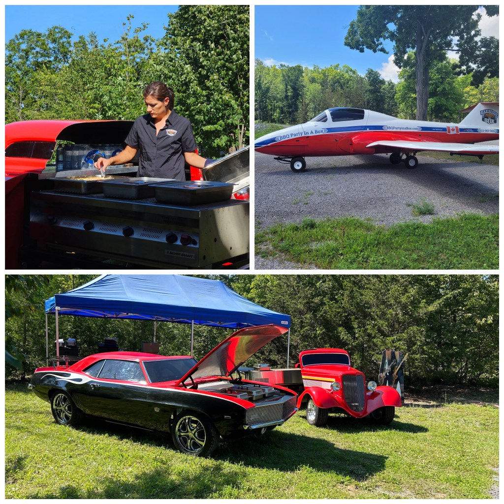 A plane and car bbqs. Brittany cooking at the bbq