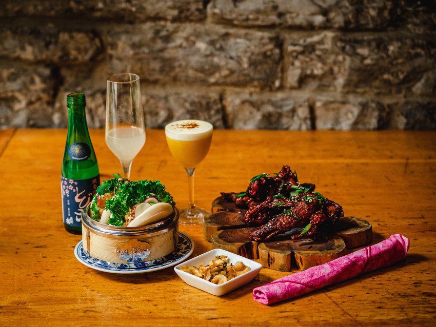 Table with food and drinks