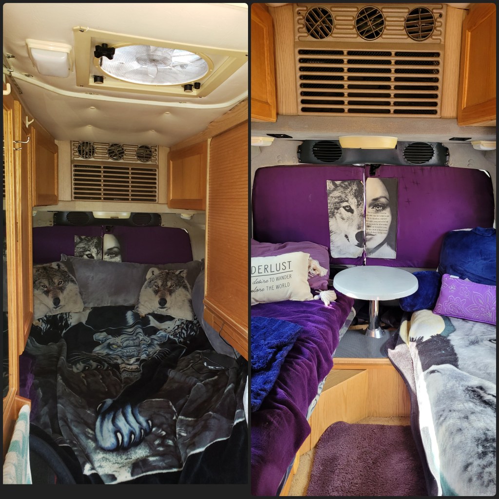 Back of the campervan as a King sized bed and a couch and single bed