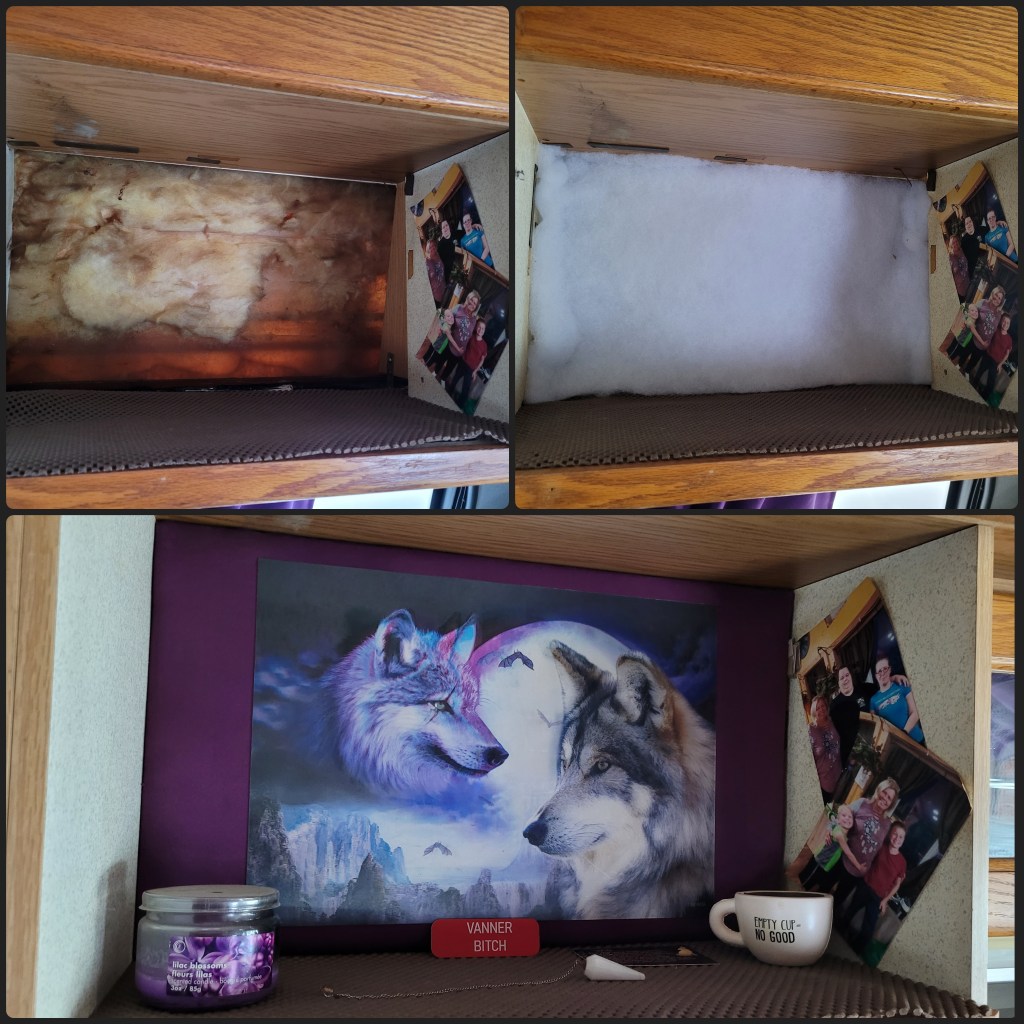 Quilting batting used to insulate Knick-Knack shelf